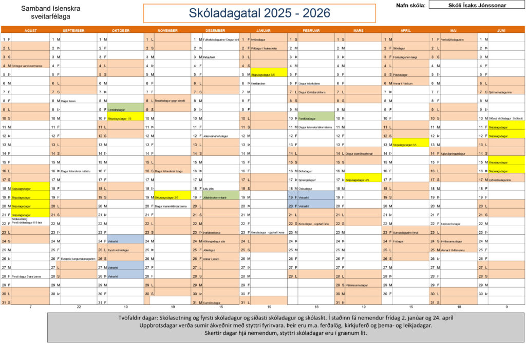 Skóladagatal Ísaksskóla 2025-2026
